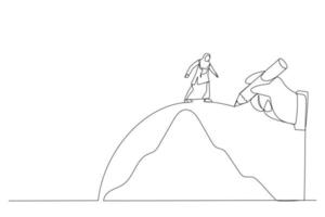 le dessin d'une main géante dessine un chemin pour aider la femme musulmane à traverser les montagnes, métaphore pour vaincre l'adversité. style d'art en ligne continue vecteur
