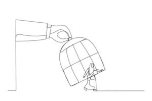 dessin animé d'une main géante capturant une femme d'affaires musulmane en cours d'exécution avec une cage à oiseaux. style d'art d'une ligne vecteur