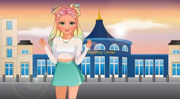 personnage féminin de dessin animé de cheveux arc-en-ciel sur une scène de fond de rue de centre commercial avec ciel coucher de soleil. illustration vectorielle vecteur
