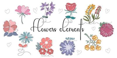 éléments de fleurs conçus dans un style vintage doodle sur fond blanc. pour les décorations, les cartes de mariage, les impressions numériques, les décorations sur le thème du printemps, le scrapbooking et plus encore vecteur