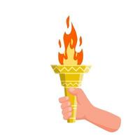 main tenant la torche. symbole de la flamme olympique et du sport. l'éducation et l'éclairage. illustration de dessin animé plat vecteur