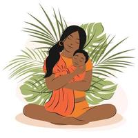 jeune femme afro-américaine tient un nouveau-né sur les mains. mère et enfant parmi les plantes tropicales.famille, santé, concept de maternité, bonne fête des mères. illustration vectorielle plane vecteur