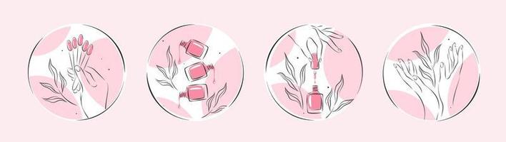 ensemble d'icônes pour nail studio. vernis à ongles, brosse à ongles, mains féminines manucurées. illustrations vectorielles vecteur