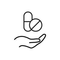 cadeau, charité, symbole de soutien. signe vectoriel dessiné avec une ligne noire. image monochrome pour les publicités, bannières, magasins, etc. icône de ligne de pilules sur la main tendue