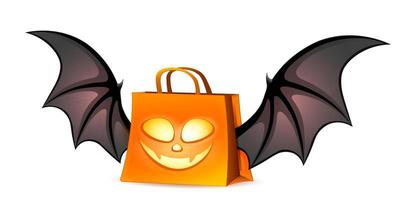 shopping sac en papier orange avec des ailes de chauve-souris. concept de vente d'halloween vecteur