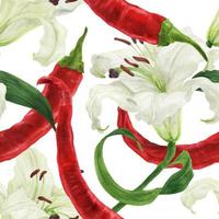 piment rouge et modèle sans couture aquarelle de fleur blanche de lys vecteur