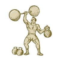 homme fort, levage, barbell, kettlebell, gravure vecteur