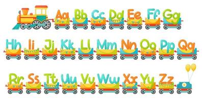 alphabet de train pour enfant en style cartoon. lettres majuscules uniquement. lettres abc vectorielles pour l'éducation des enfants à l'école, à l'école maternelle et à la maternelle. vecteur