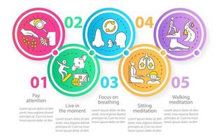 modèle infographique de cercle de techniques de pleine conscience. concentrez-vous sur la respiration. visualisation des données en 5 étapes. graphique d'informations sur la chronologie du processus. mise en page du flux de travail avec des icônes de ligne. vecteur