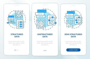 types d'écran d'application mobile d'intégration bleu big data. procédure pas à pas de la structure de la base de données pages d'instructions graphiques en 3 étapes avec des concepts linéaires. ui, ux, modèle d'interface graphique. vecteur