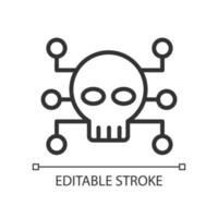 icône linéaire parfaite de pixel de cybercriminalité. activités criminelles et illégales. attaque malveillante du réseau informatique. illustration de la ligne mince. symbole de contour. dessin de contour vectoriel. trait modifiable. vecteur