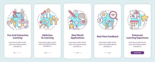 avantages de l'écran de l'application mobile d'intégration de la gamification. Procédure pas à pas des tendances de l'éducation pages d'instructions graphiques en 5 étapes avec des concepts linéaires. ui, ux, modèle d'interface graphique. vecteur