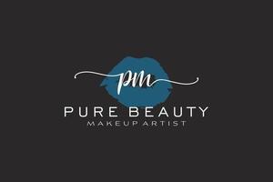 création de logo préfabriquée pour les lèvres aquarelles initiales pm, logo pour la marque d'entreprise de maquilleur, création de logo de boutique de beauté blush, logo de calligraphie avec modèle créatif. vecteur