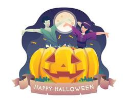 joyeux halloween avec un garçon et une fille en costume célébrant halloween dans une citrouille géante avec des bonbons. illustration vectorielle dans un style plat vecteur