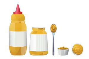 ensemble de bouteilles et éclaboussures de moutarde. crème de sauce au miel de dijon. conception vectorielle en style cartoon pour la marque alimentaire. vecteur