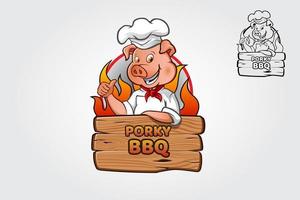 personnage de dessin animé de logo de barbecue porky. un cochon de dessin animé drôle heureux. illustration de logo vectoriel. vecteur