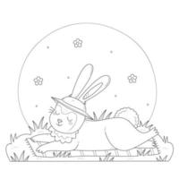 coloriage lapin mignon dans un chapeau prenant un bain de soleil sur l'herbe. lapin se prélassant au soleil livre de coloriage pour enfants. illustration vectorielle noir et blanc. vecteur