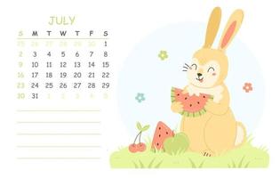 calendrier pour enfants de juillet 2023 avec une illustration d'un lapin mignon mangeant de la pastèque. 2023 est l'année du lapin. page de calendrier d'illustration d'été de vecteur. vecteur
