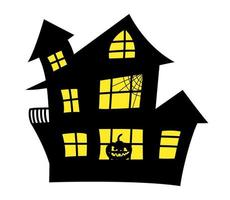 illustration vectorielle de glyphe de maison hantée pour halloween. maison d'halloween groovy noire avec lumière jaune dans les fenêtres. vecteur