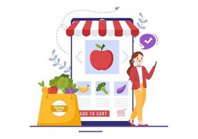 magasin de nutrition avec complément alimentaire de vitamines et de minéraux tels que des fruits ou des légumes frais modèle illustration plate de dessin animé dessiné à la main vecteur