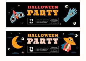 un ensemble de deux modèles de bannière de fête d'halloween horizontaux. le design est dans le style du dessin animé groovy et ancien. vecteur