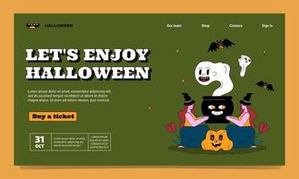 modèle de page de destination de fête d'halloween avec magie de sorcière, fantômes, citrouille et chauves-souris. style groovy décrit. vecteur