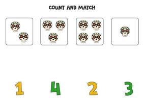 jeu de comptage pour les enfants. comptez tous les crânes et faites correspondre les nombres. feuille de travail pour les enfants. vecteur