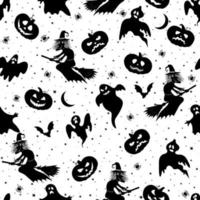 motif d'halloween sans couture. illustration vectorielle de fête d'halloween. voler la vieille sorcière, l'araignée, le fantôme, la chauve-souris, la citrouille et la citrouille. modèle sans couture de dessin animé de vecteur. vecteur