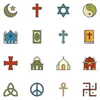 vecteur de jeu d'icônes de ligne remplie de religion