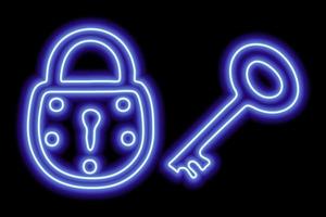 contour bleu néon du cadenas et de la clé sur fond noir. le concept de confidentialité, de sécurité, de préservation vecteur