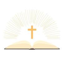 notion biblique. lumière brillante de la sainte bible à livre ouvert et de la croix chrétienne. illustration vectorielle. vecteur