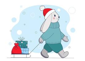 illustration d'hiver d'un lapin mignon avec un traîneau et des cadeaux de noël vecteur