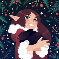 fille elfe avec un lapin dans ses mains, nouvel an, joyeux noël, lapin vecteur