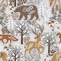 modèle vectoriel sans couture avec de jolis animaux des bois, des arbres et des feuilles. illustration boisée scandinave. parfait pour le textile, le papier peint ou la conception d'impression.