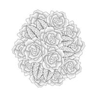 page de coloriage de conception d'art en ligne de fleur rose rouge avec dessin décoratif au crayon vecteur