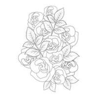 illustration rose de dessin au trait au crayon avec page de livre de coloriage pour adultes de style doodle avec des feuilles croquis facile vecteur