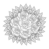 illustration rose de dessin au trait au crayon avec page de livre de coloriage pour adultes de style doodle avec des feuilles croquis facile vecteur