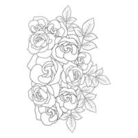 illustration rose de dessin au trait au crayon avec page de livre de coloriage pour adultes de style doodle avec des feuilles croquis facile vecteur