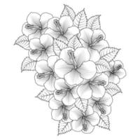 fleur d'hibiscus pétale et feuilles en fleurs avec plante d'hibiscus de conception de traits d'art en ligne de fleurs sauvages vecteur
