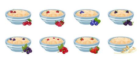 flocons d'avoine dans un bol bleu avec des baies. illustration vectorielle de petit-déjeuner sain. flocons avec des cerises, des framboises et divers fruits. vecteur