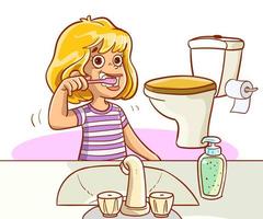 illustration d'une fille isolée se brosser les dents dans la salle de bain. vecteur