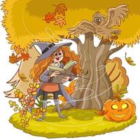 joyeux halloween.pumpkin petite sorcière et illustration vectorielle de hibou mignon vecteur