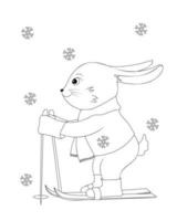 page de coloriage d'un ski de lapin de dessin animé mignon vecteur