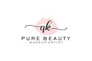 création initiale de logo préfabriqué pour les lèvres aquarelles qk, logo pour la marque d'entreprise de maquilleur, création de logo de boutique de beauté blush, logo de calligraphie avec modèle créatif. vecteur