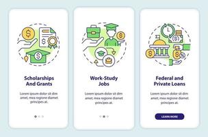 écran d'application mobile d'intégration d'aide financière. procédure pas à pas de soutien aux étudiants instructions graphiques modifiables en 3 étapes avec des concepts linéaires. ui, ux, modèle d'interface graphique. vecteur
