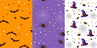 définir des modèles sans couture mignons d'halloween avec chauve-souris, araignée et chapeau de sorcière dans un style de dessin animé simple, conception de vacances pour enfants. . illustration vectorielle vecteur