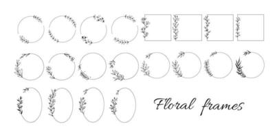 grand ensemble de cadres floraux vectoriels géométriques. bordures décorées de fleurs délicates dessinées à la main, branches, feuilles, fleurs. illustration vectorielle vecteur