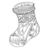 une chaussette de noël dessinée à la main. croquis noir et blanc du nouvel an illustration isolée sur fond blanc vecteur