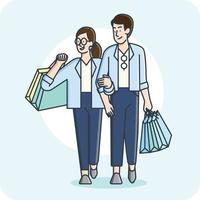 un homme et une femme marchent joyeusement en faisant du shopping activité de personnage 2d, conception vectorielle et arrière-plan isolé. vecteur