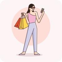 femme shopping en ligne avec smartphone, dessin vectoriel et arrière-plan isolé.